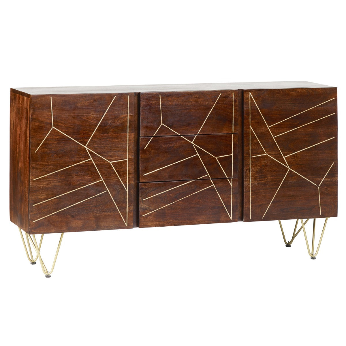Bandung Dark Mango Wood and Gold Large Sideboard 3 Drawers 2 Doors