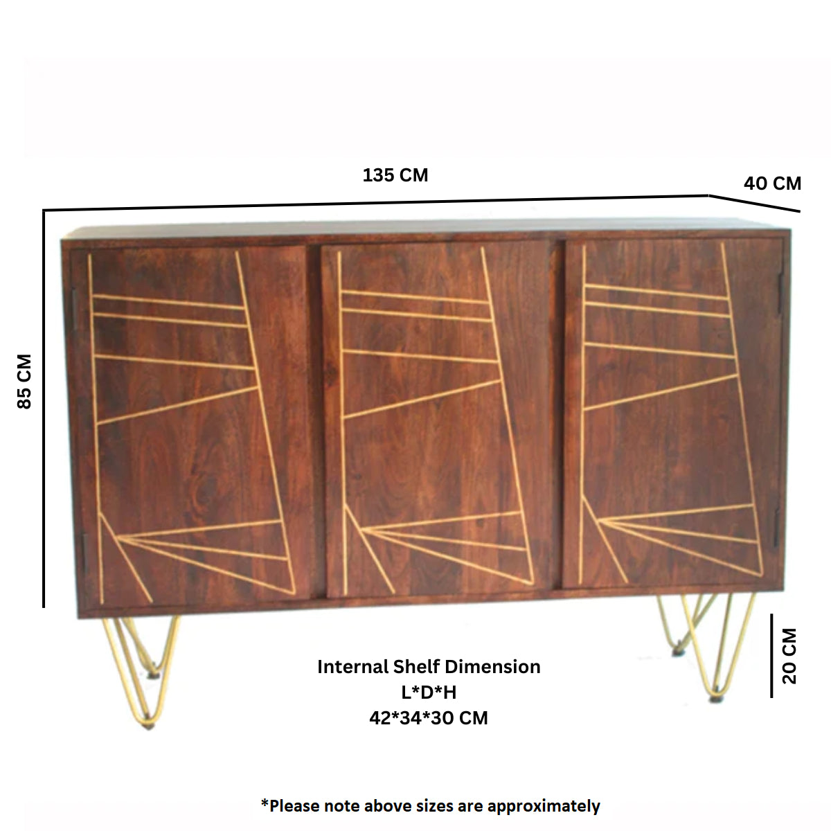 Bandung Dark Mango Wood and Gold Large Sideboard 3 Doors