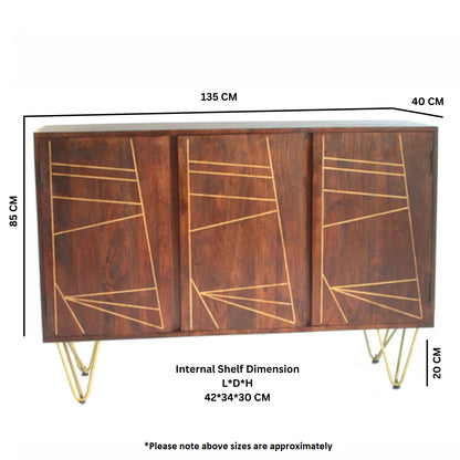 Bandung Dark Mango Wood and Gold Large Sideboard 3 Doors