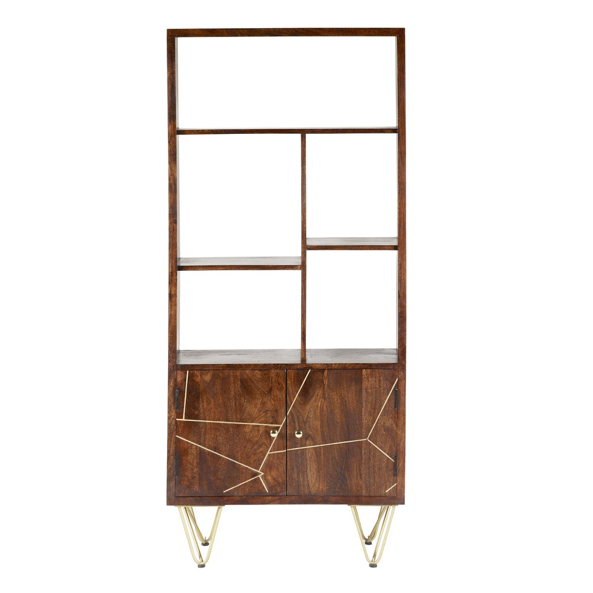 Bandung Dark Mango Wood and Gold Large Bookcase 2 Door 5 Shelves