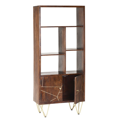 Bandung Dark Mango Wood and Gold Large Bookcase 2 Door 5 Shelves