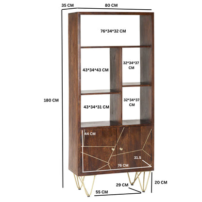Bandung Dark Mango Wood and Gold Large Bookcase 2 Door 5 Shelves
