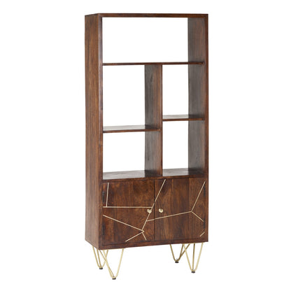 Bandung Dark Mango Wood and Gold Large Bookcase 2 Door 5 Shelves