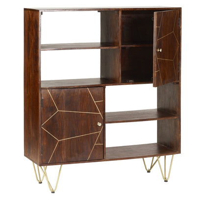 Bandung Dark Mango Wood and Gold Storage Cabinet 4 Shelves 2 Doors