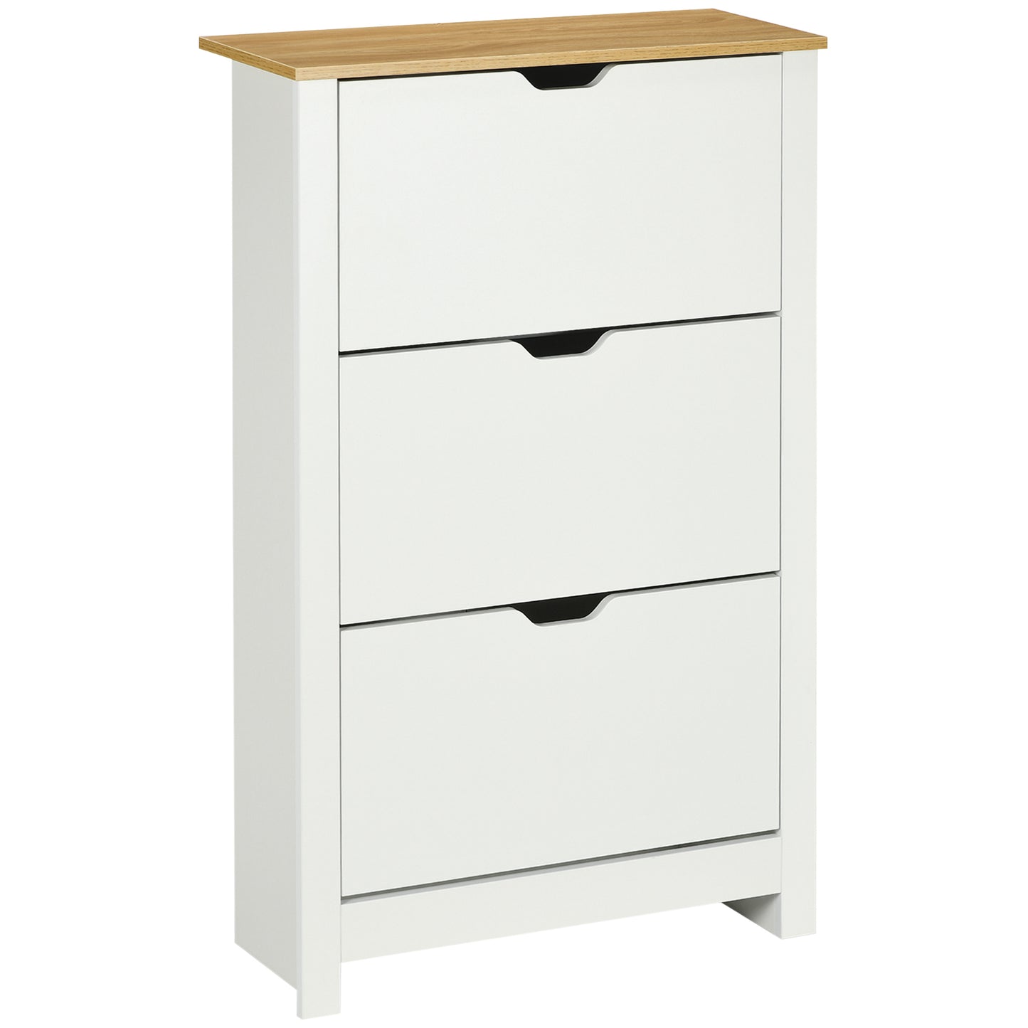 Rokeha Wooden White and Natural Narrow Shoe Cupboard With 3 Flip Drawers For 18 Pairs