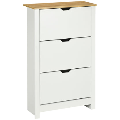 Rokeha Wooden White and Natural Narrow Shoe Cupboard With 3 Flip Drawers For 18 Pairs