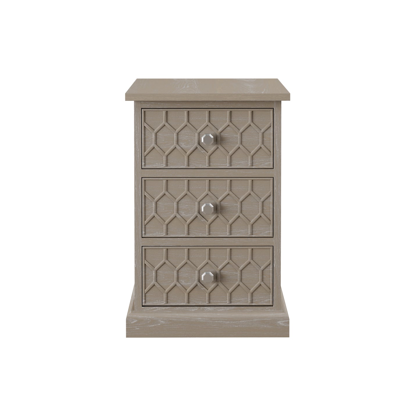 Matera Grey Aged Oak 3 Drawer Bedside Table Honeycomb Pattern
