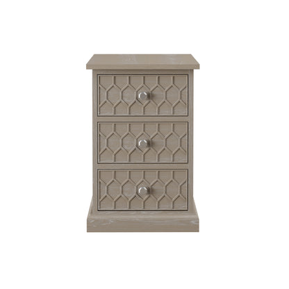 Matera Grey Aged Oak 3 Drawer Bedside Table Honeycomb Pattern