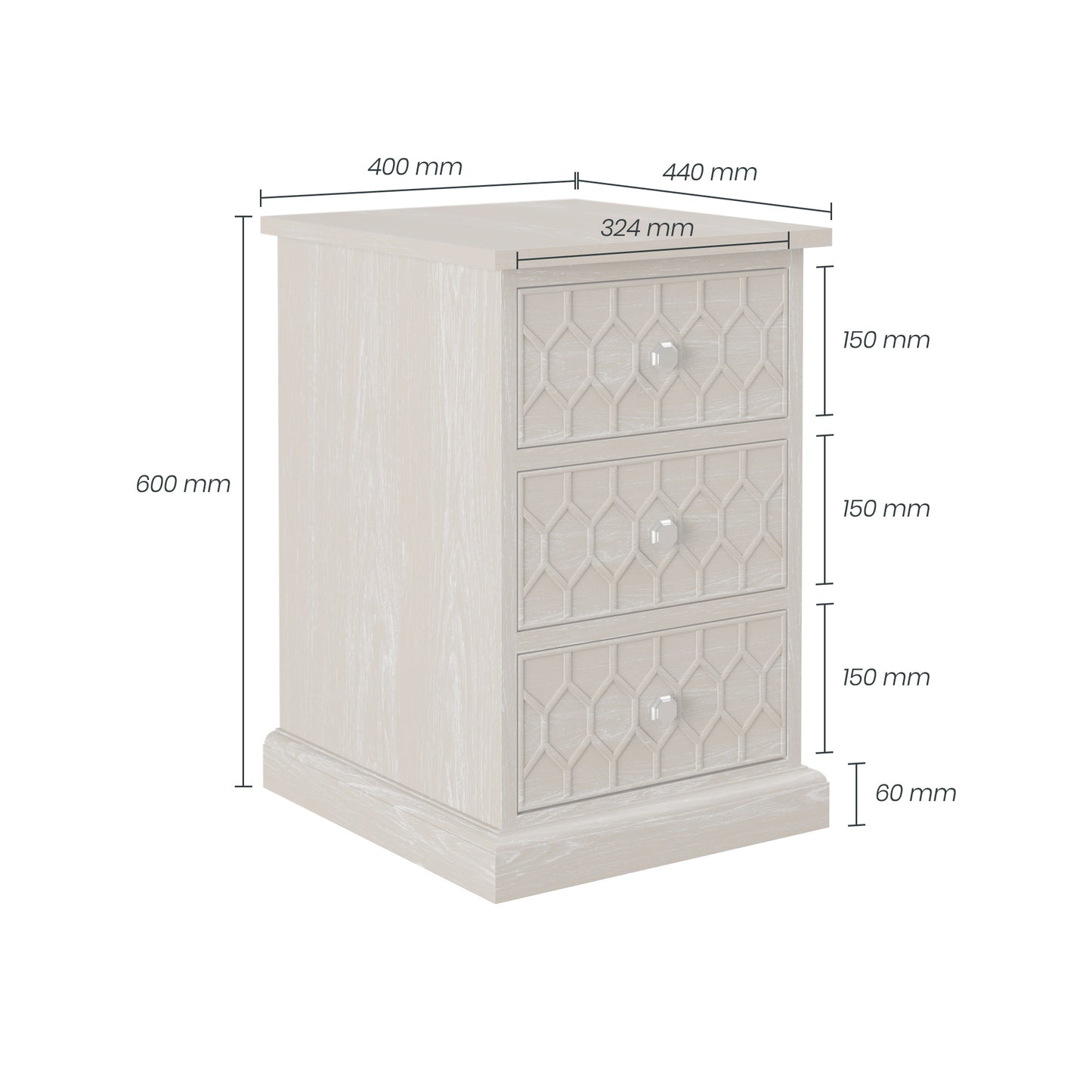 Matera Grey Aged Oak 3 Drawer Bedside Table Honeycomb Pattern