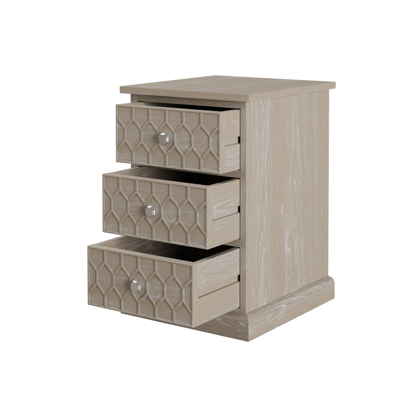 Matera Grey Aged Oak 3 Drawer Bedside Table Honeycomb Pattern