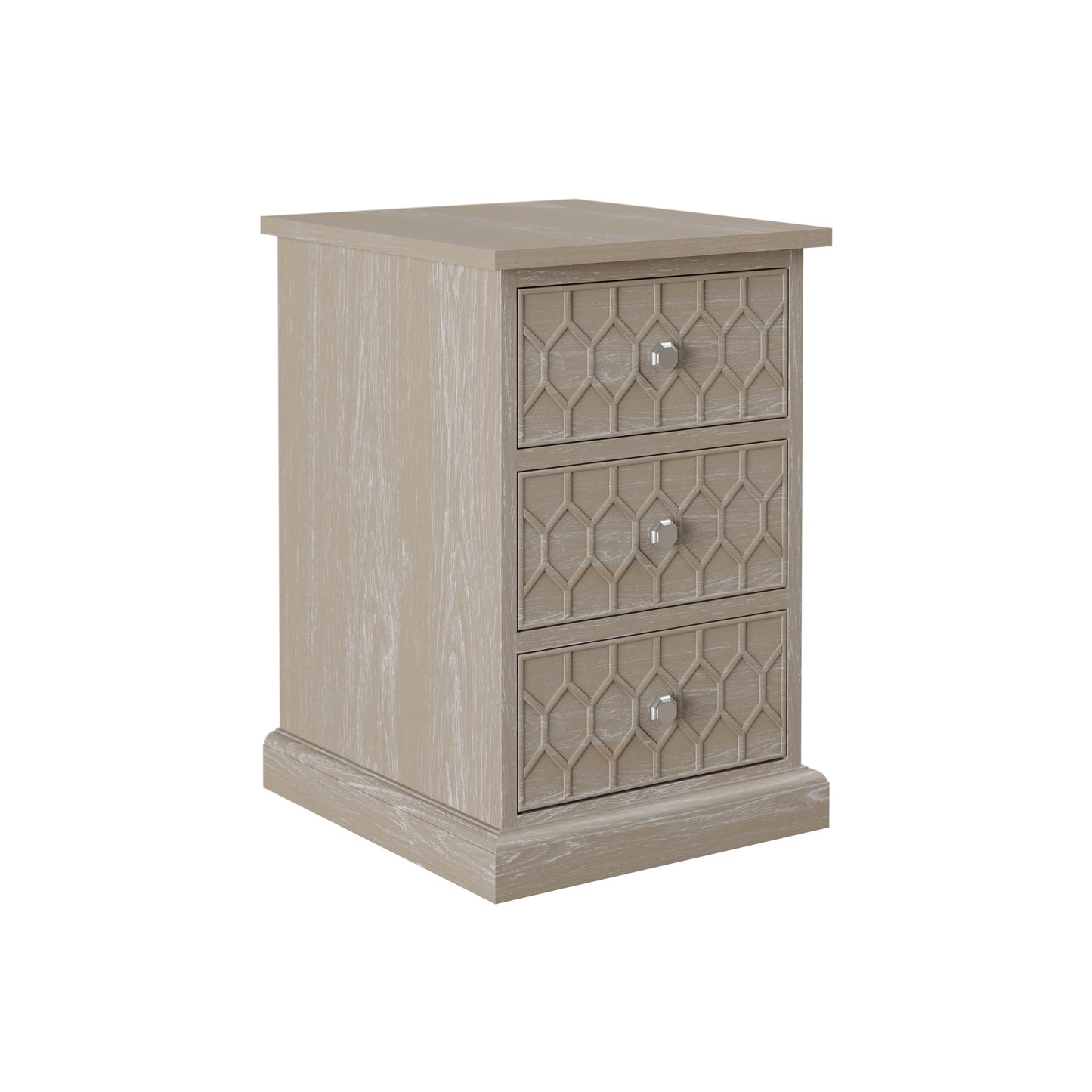 Matera Grey Aged Oak 3 Drawer Bedside Table Honeycomb Pattern