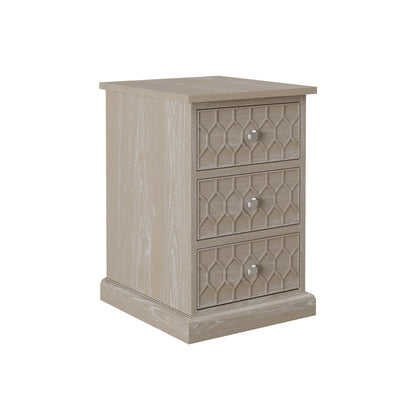Matera Grey Aged Oak 3 Drawer Bedside Table Honeycomb Pattern