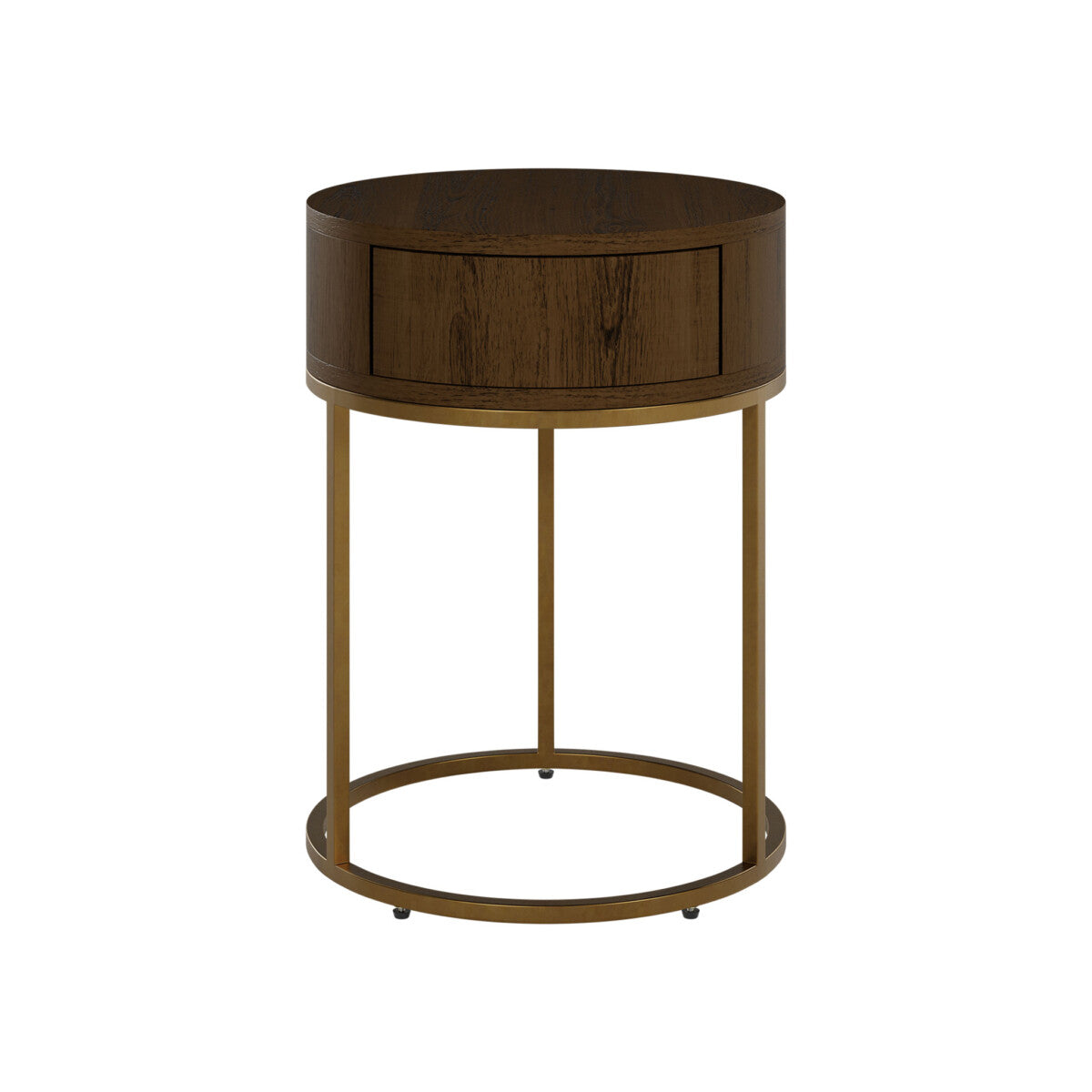 Padua Walnut Oak and Brass Round Bedside Table with Drawer