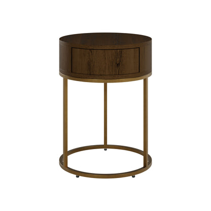 Padua Walnut Oak and Brass Round Bedside Table with Drawer