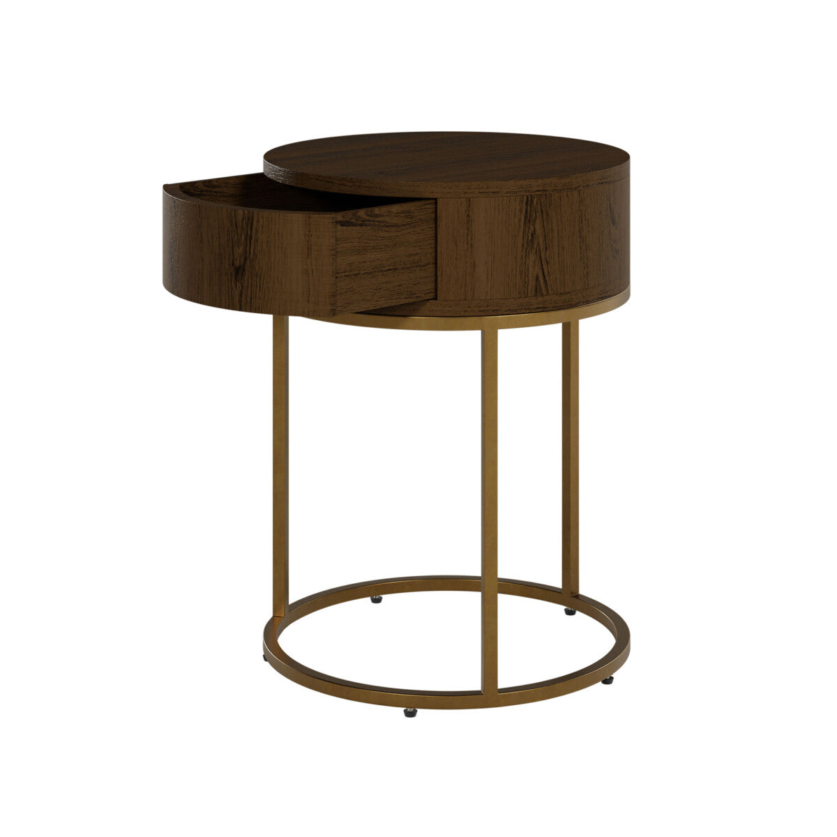 Padua Walnut Oak and Brass Round Bedside Table with Drawer