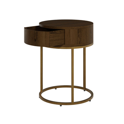 Padua Walnut Oak and Brass Round Bedside Table with Drawer