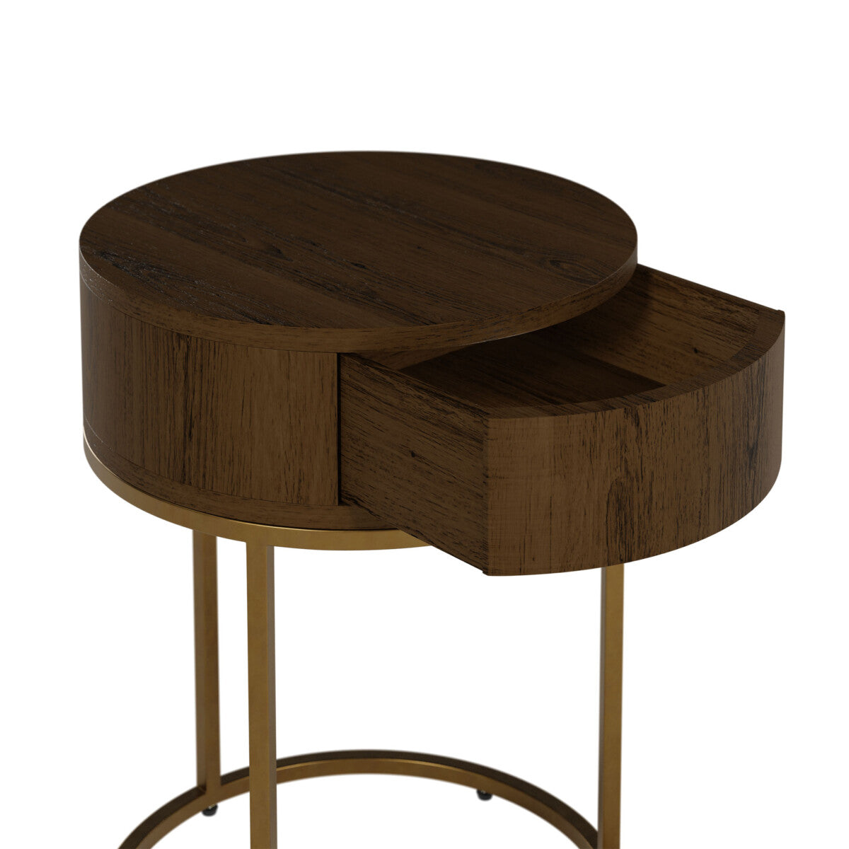 Padua Walnut Oak and Brass Round Bedside Table with Drawer