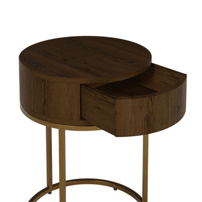 Padua Walnut Oak and Brass Round Bedside Table with Drawer