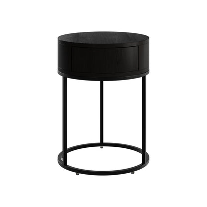 Allegro Black Oak and Metal Round Bedside Table with Drawer