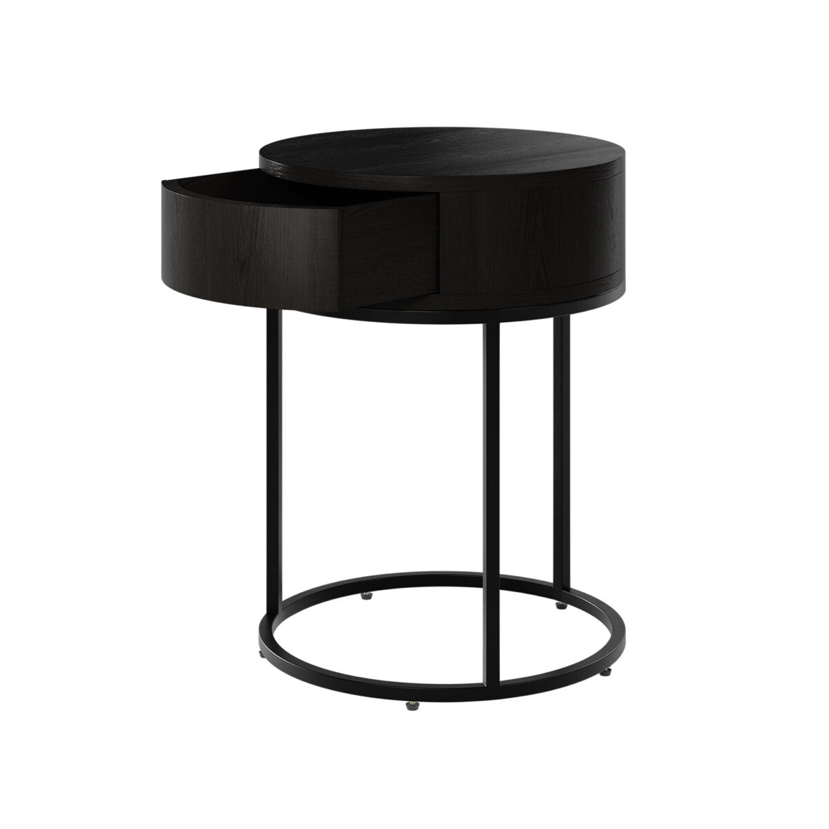 Allegro Black Oak and Metal Round Bedside Table with Drawer