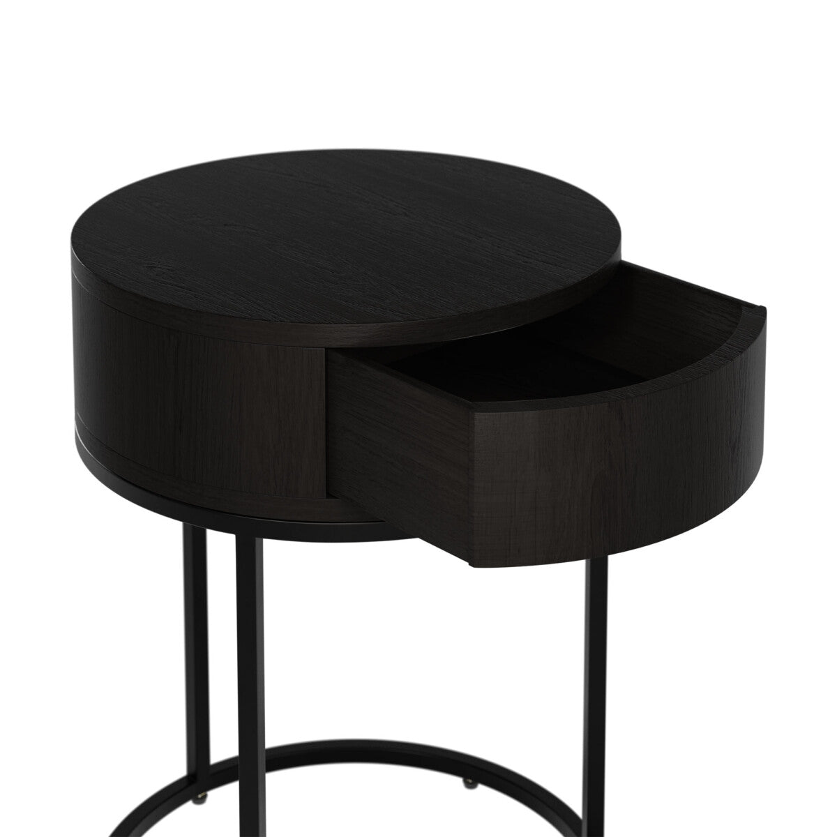 Allegro Black Oak and Metal Round Bedside Table with Drawer