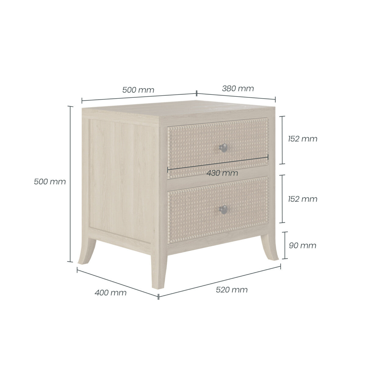 Toscana Grey Aged Oak & Rattan 2 Drawer Bedside Table