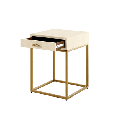 Belluno Ivory Shagreen and Antique Brass Bedside Table with Drawer