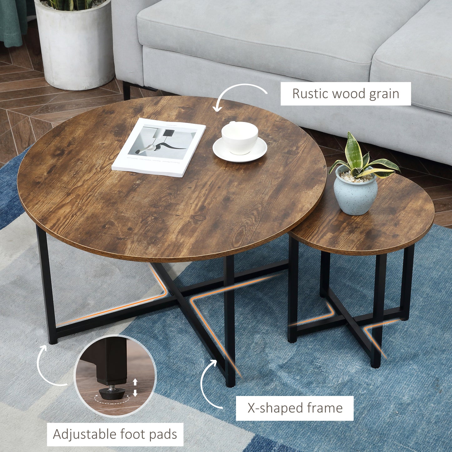 Kara Baso Set Of 2 Round Industrial Nesting Coffee Tables Metal And Wood Rustic Brown