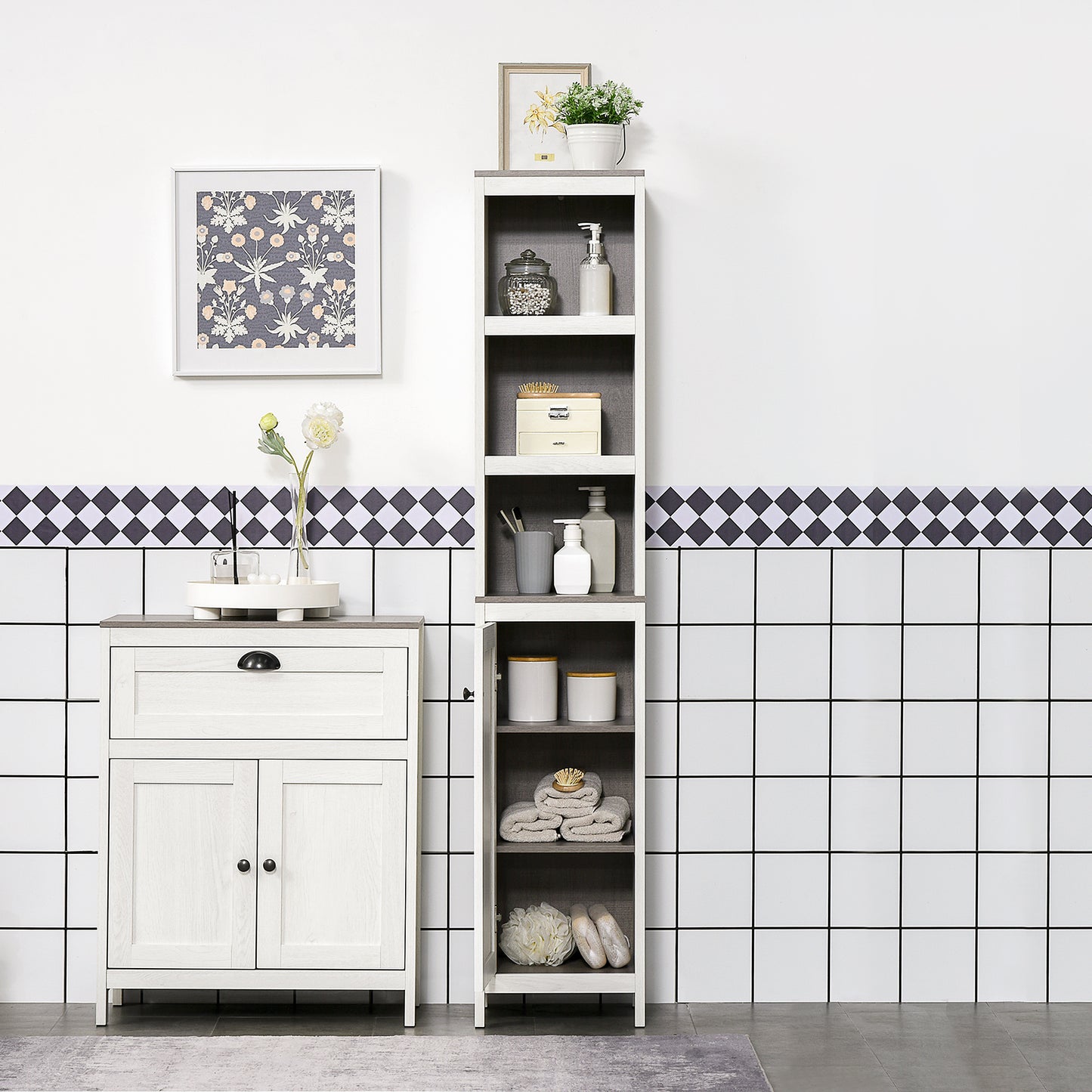 Hanaka Bathroom Furniture Set With 6 Tier Tall Cabinet Floor Storage And Under Sink Unit Antique White