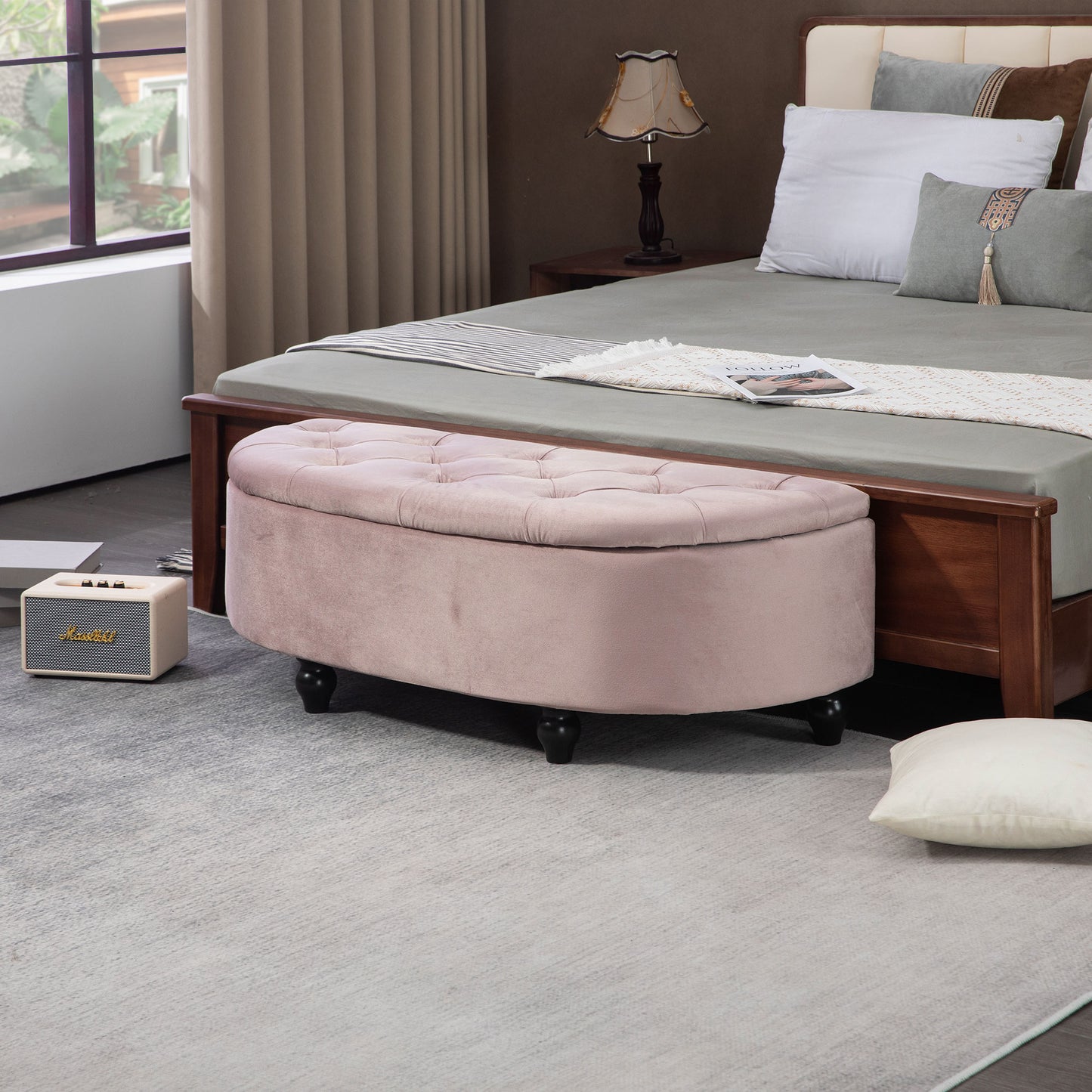 Rafili Velvet Pink Semi Circle Storage Bench With Tufted Seat