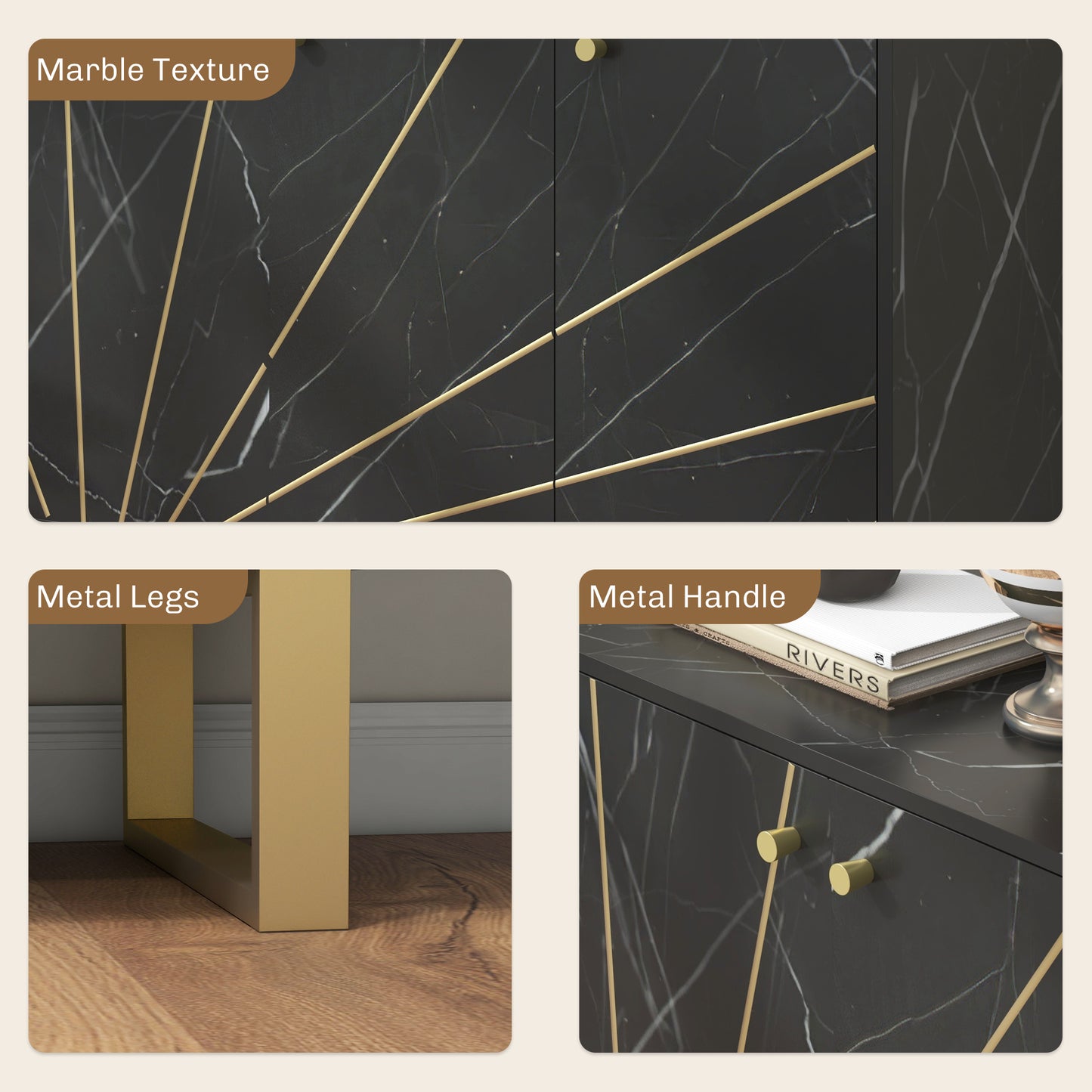Suno Black Marble Effect Sideboard Golden Metal Legs 3 Doors