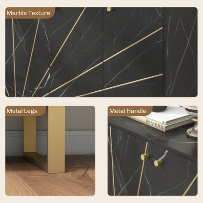 Suno Black Marble Effect Sideboard Golden Metal Legs 3 Doors