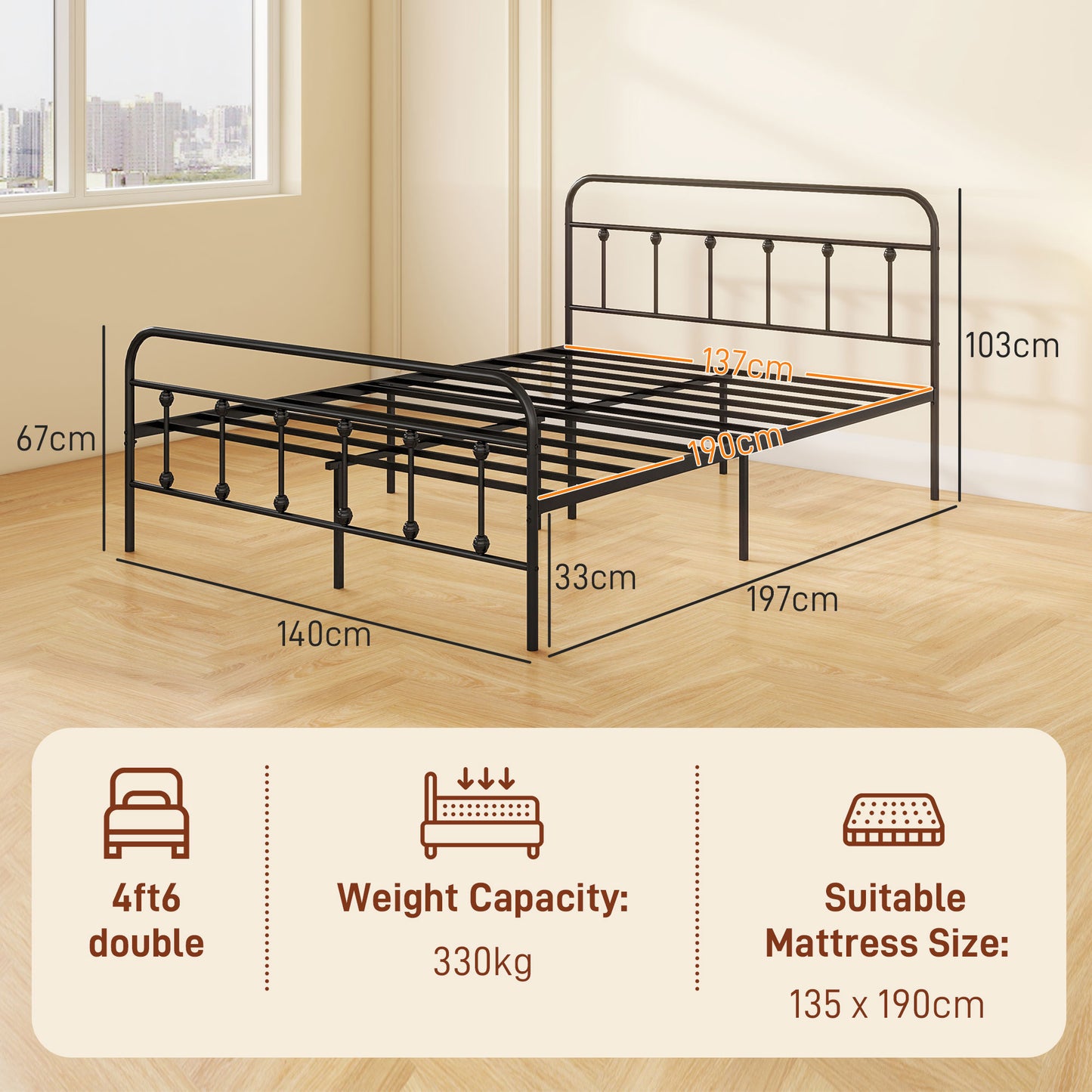 Noelma 4FT6 Minimalist Black Metal Double Metal Bed Frame
