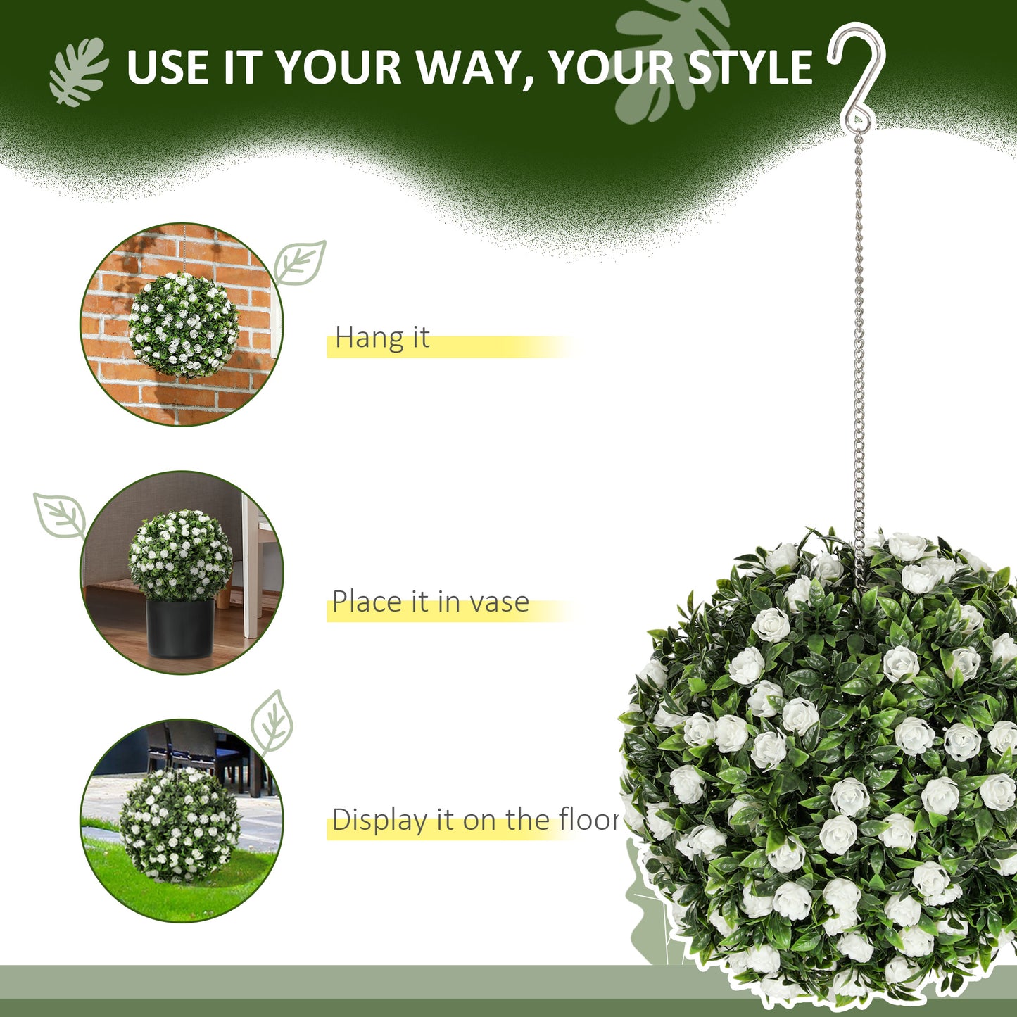 Lukaka Dino Set Of 2 Artificial UV Resistant Rose Style Topiary Balls H8 28cm White