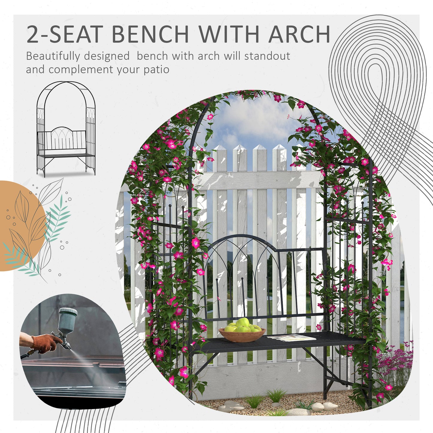 Katoba Metal Black 2 Seater Garden Arch Bench With Trellis For Climbing Plants