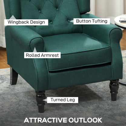 Redi Fabric Dark Green Retro Wingback Accent Armchair With Diamond Button Tufted Upholstery