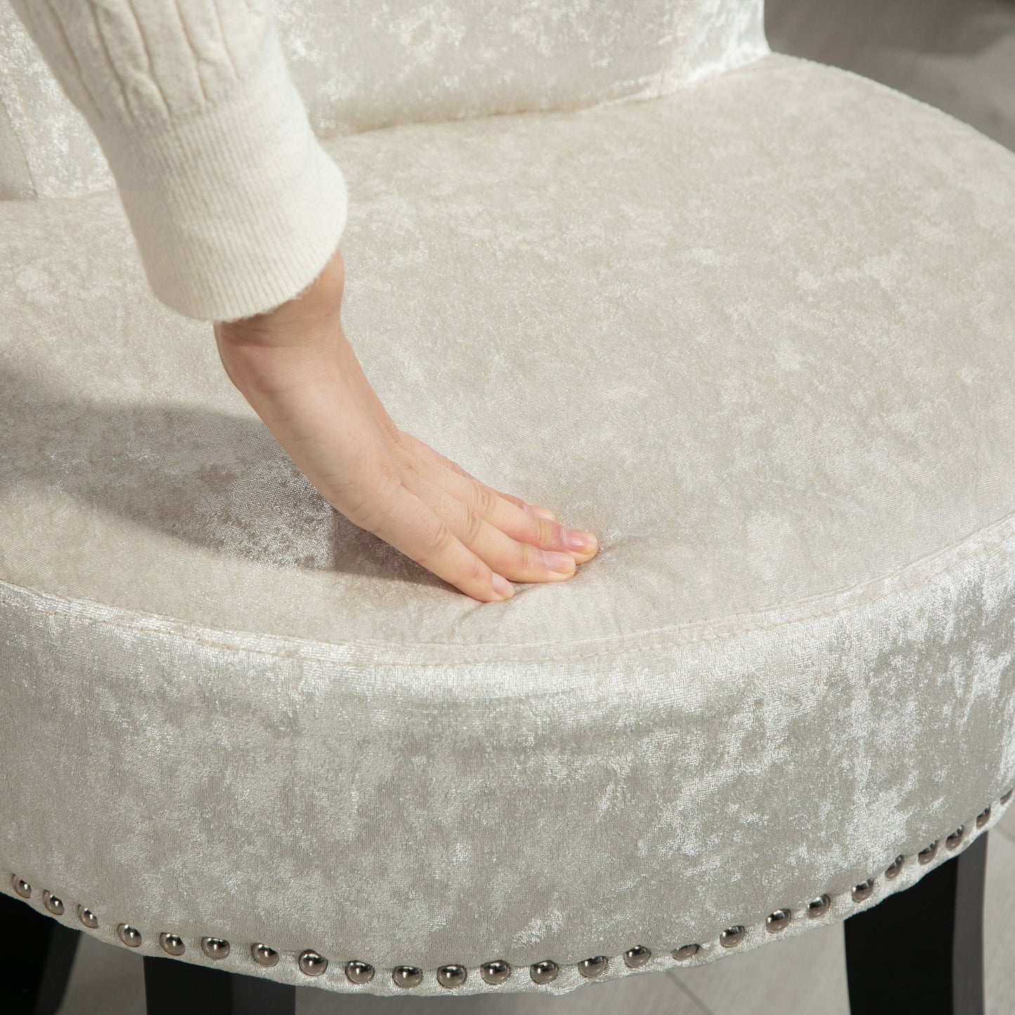 Salami Beige Velvet Dressing Table Stool With Rubber Wood Legs