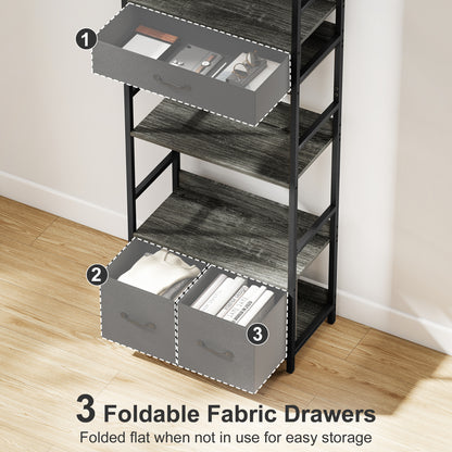 Laro Metal And Wood Grey And Black Industrial Bookcase With 4 Shelves And Fabric Drawers