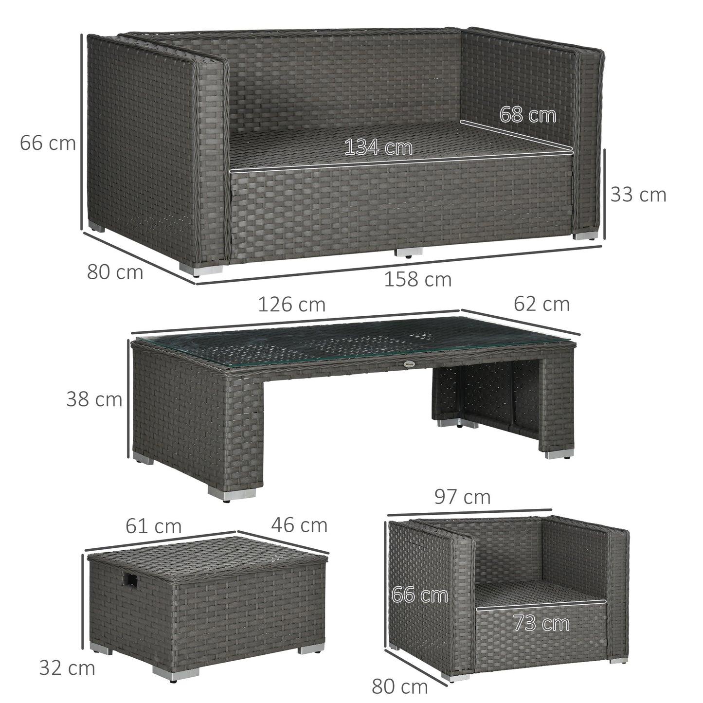 Reelne 6 Seater Rattan Grey Outdoor Sofa Set With Aluminium Frame Loveseat Stools And Table