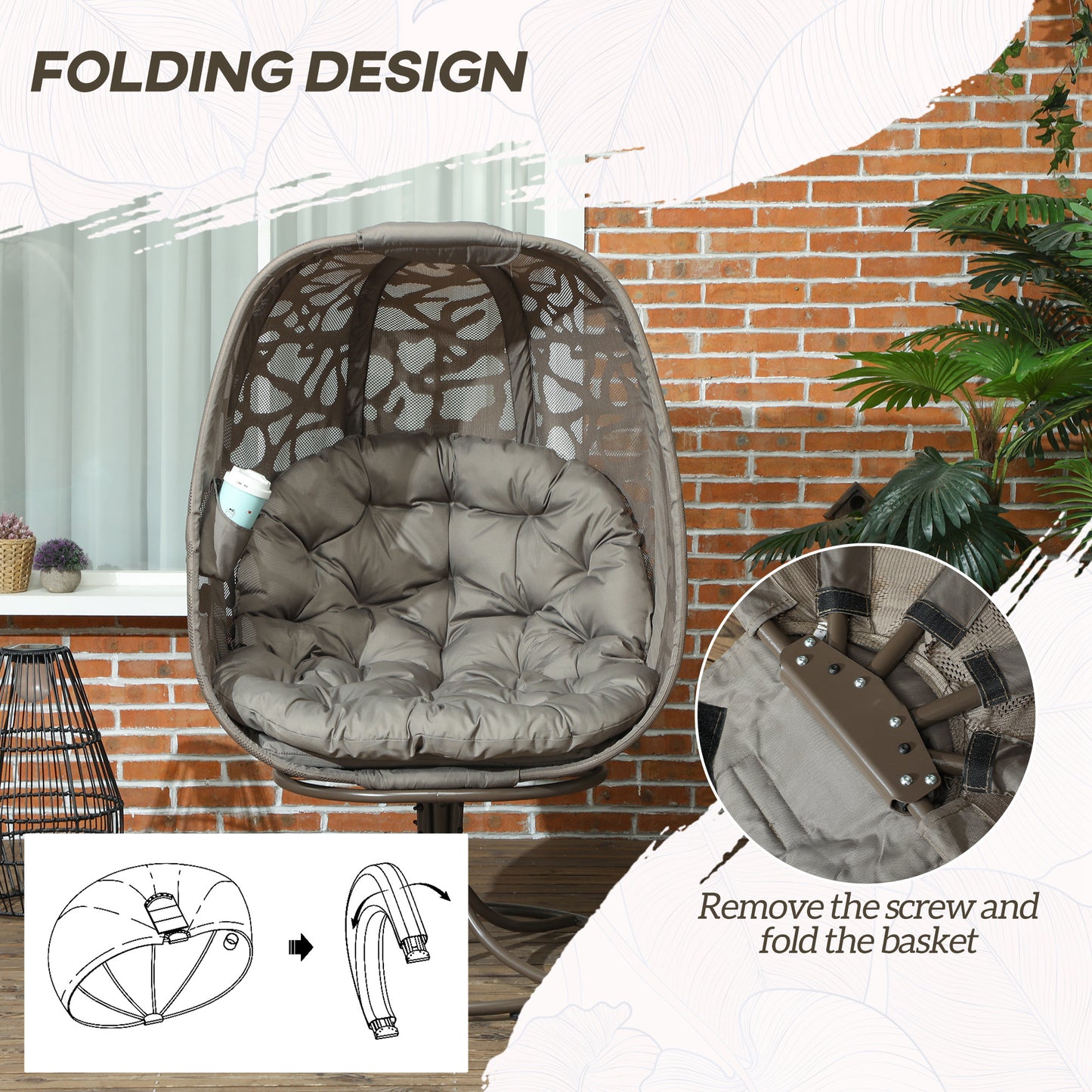 Nise Rattan And Metal Sand Brown Swivel Egg Chair With Cushions