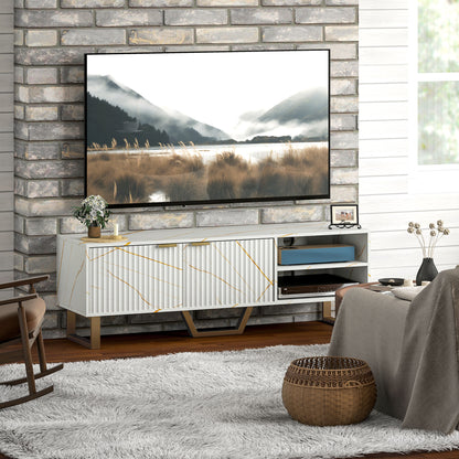 Veriri 140cm White Marble and Gold Effect TV Unit With Fluted Doors For Screens Up To 70 Inches