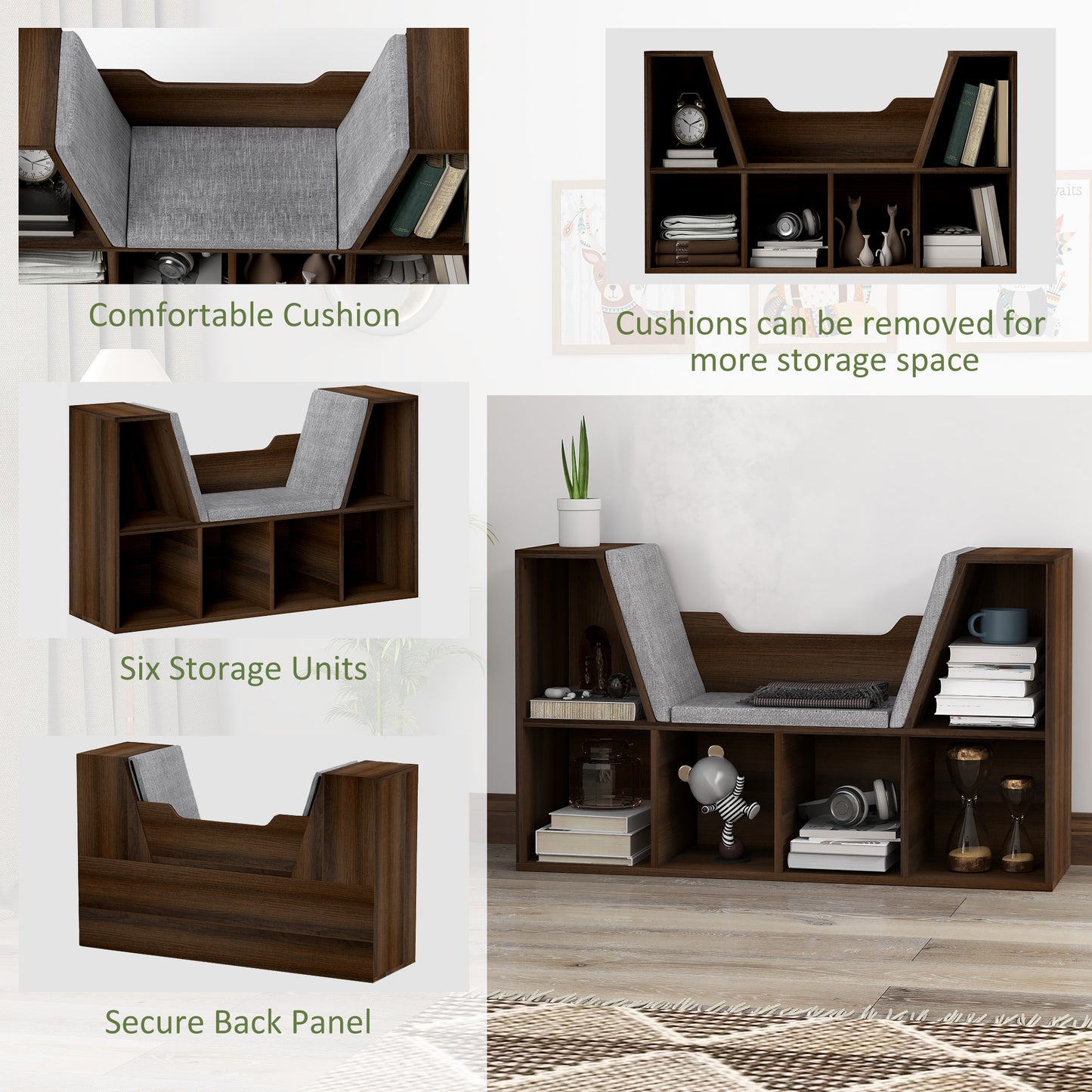 Elka Lado Wood Chestnut Cube Bookcase With Cushioned Reading Seat