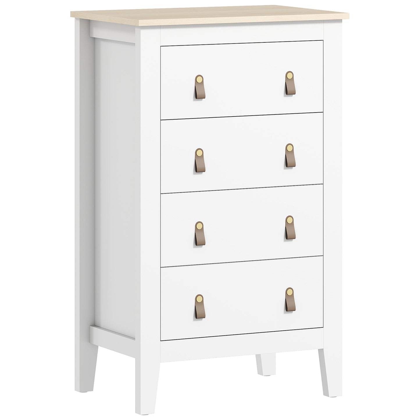 Rasusa Metal And Wood White 4 Drawer Modern Storage Chest With Faux Leather Handles 60 x 40 x 98 cm