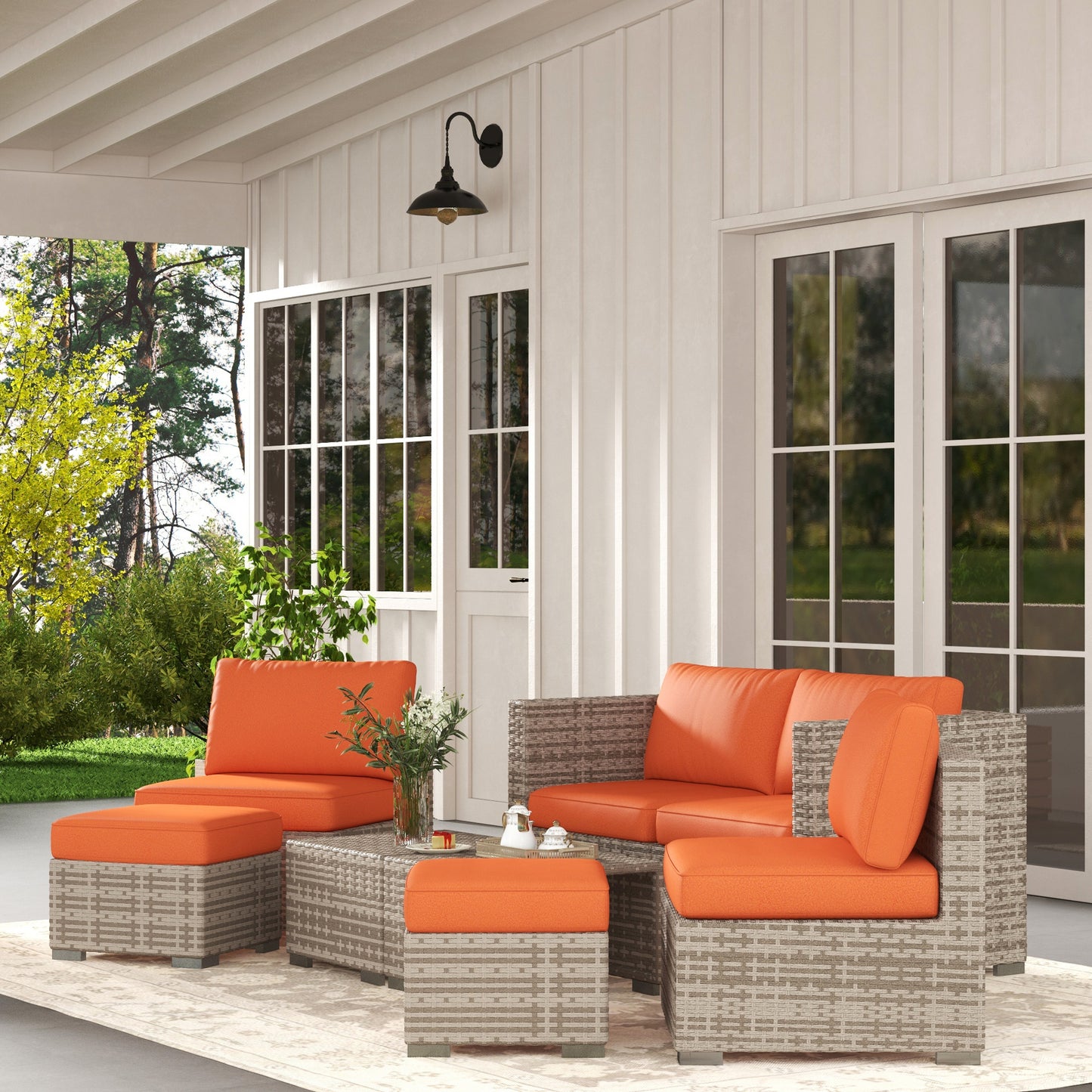Suve Grey Rattan 6 Seater Garden Furniture Set With Orange Cushions
