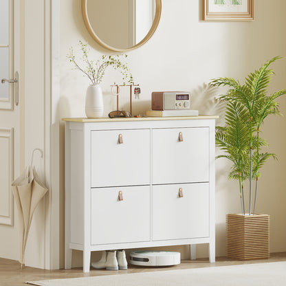Milese Wooden White and Natural Modern 4 Drawer Shoe Cabinet Faux Leather Handles