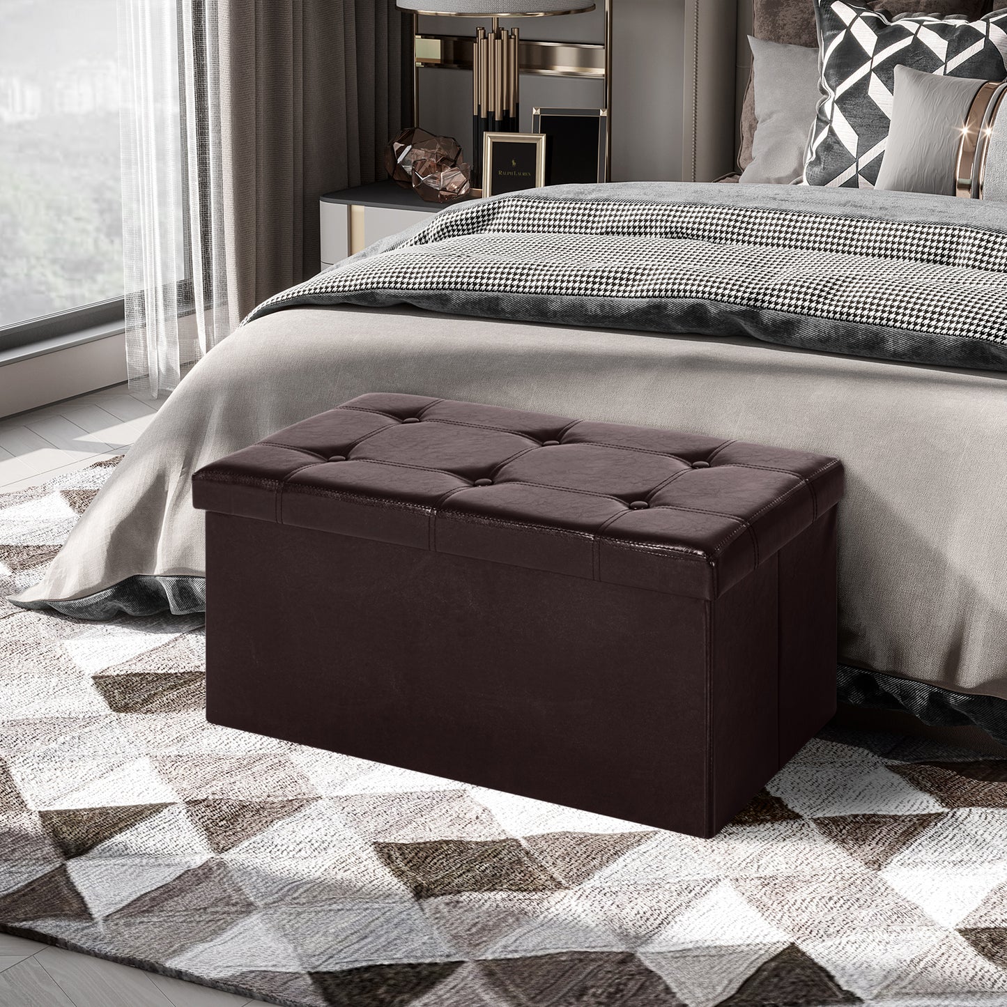 Sahapa Faux Leather Brown Folding Storage Ottoman Bench With Lift Up Lid
