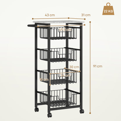 Fimado Metal Grey And Black 4 Basket Mobile Kitchen Trolley With Locking Wheels