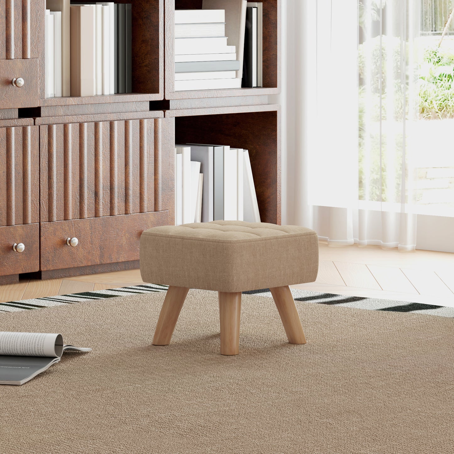Luluva Linen Look Brown Square Padded Footstool Diamond Tufted