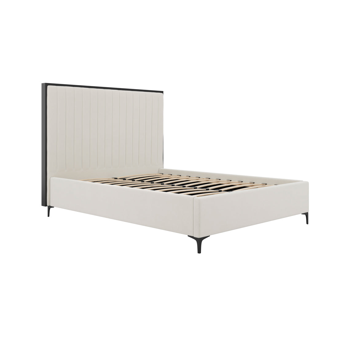 The Killarney Cream and Black Upholstered 6ft Super King Size Bed features a tall ribbed headboard, light beige fabric with black trim, wooden slats, and black angled legs, shown against a white background.