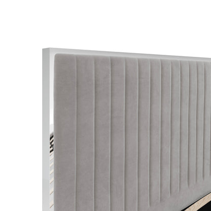 A close-up of the Killarney Mink Upholstered 5ft King Size Bed featuring a tall, ribbed headboard in grey velvet, perfect for adding elegant style to any bedroom. Shown against a plain white background.